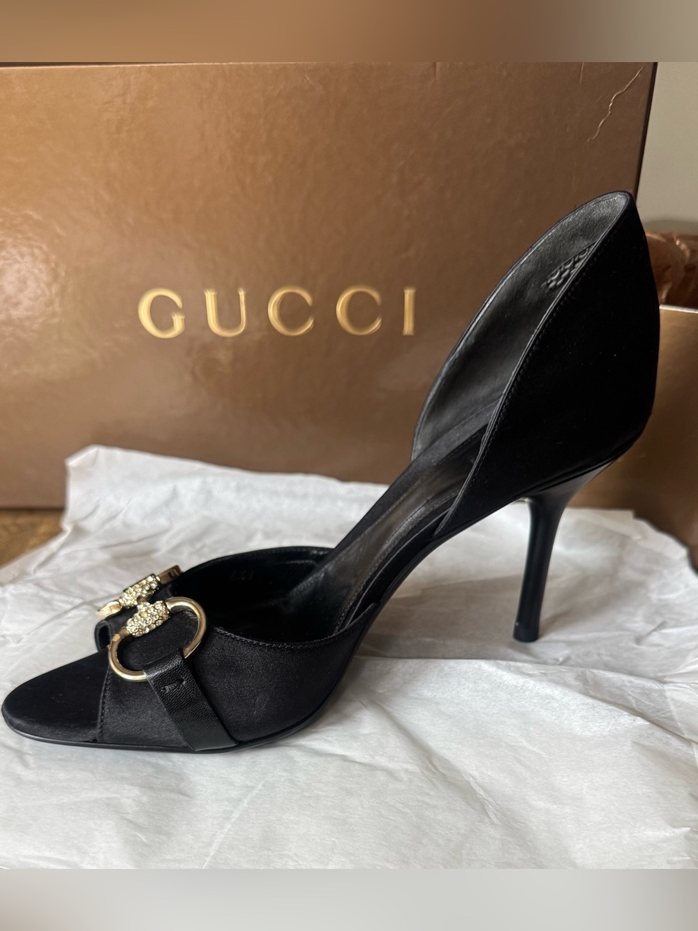 VINTAGE - Gucci Black Satin Crystal Horsebit D'Orsay Heels - size 6.5 - Picture 5 of 17